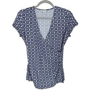 Boden Cap Sleeve Faux Wrap Blouse Geo Print Navy Blue Size 10